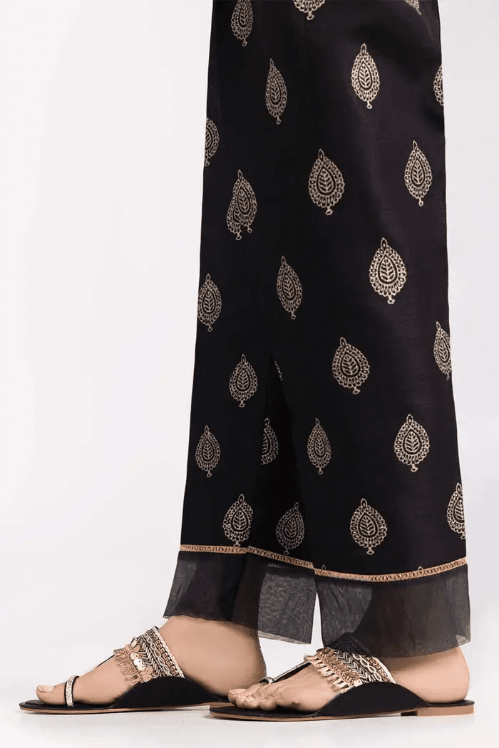 Black Screen Printed Raw Silk Trousers